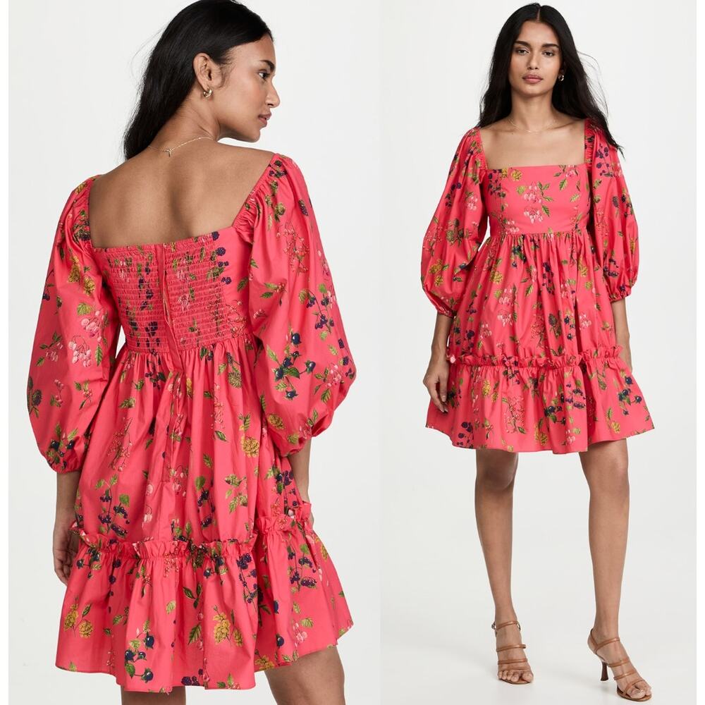 Cara Cara | Sip Sip Dress Botanical Coral Floral Puff Sleeve Mini | Sz XS